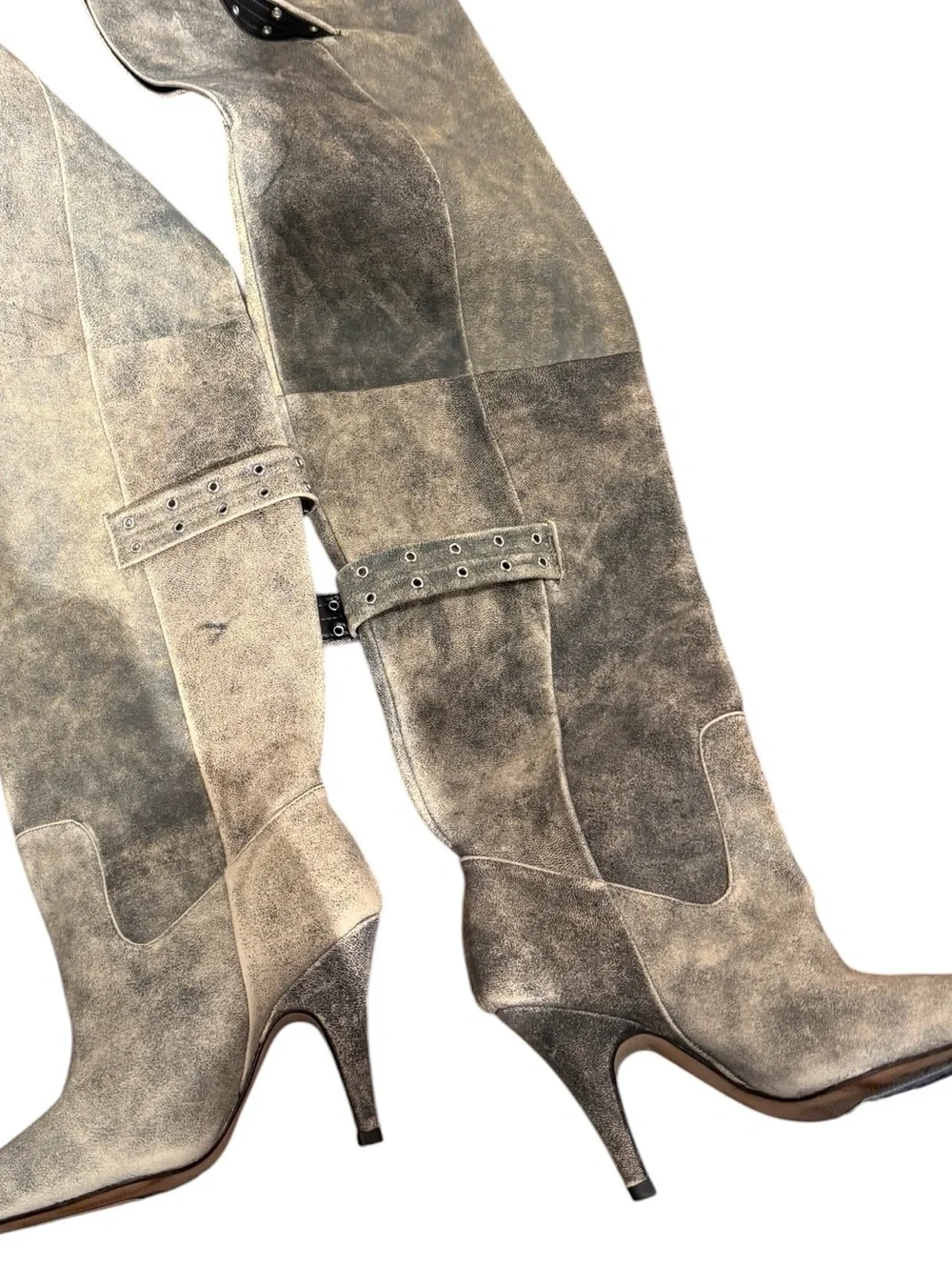 NWOB Steve Madden Baddiebaddie Distressed Charcoal Taupe Over-the-Knee Boots